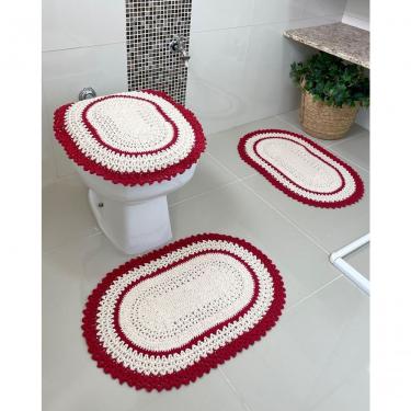 Imagem de Jogo de Banheiro em Crochê Artesanal Vezinho 3 Peças 2 Tapetes e Tampa para Vaso Vermelho