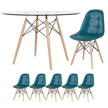 Imagem de Loft7, Mesa Eames com tampo de vidro 120 cm + 5 cadeiras estofadas Eiffel Botonê Turquesa