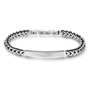 Imagem de HIUS Pulseira trançada de couro preto de aço inoxidável de 6 mm com padrão gravado, pulseira para homens, 20 cm, sem pedra preciosa, Sem pedra preciosa