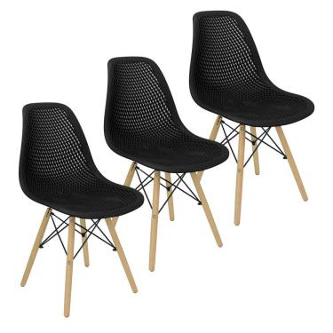 Imagem de Kit 3 Cadeiras Colmeia Furadinha Heloisa Eloá Charles Eames Eiffel Base Madeira - Preta