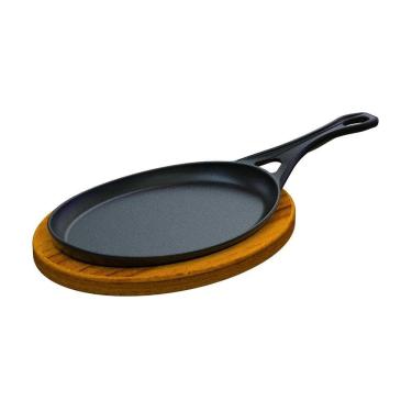 Imagem de Frigideira Oval Cabo Ferro Fundido Suporte Madeira 25x18cm