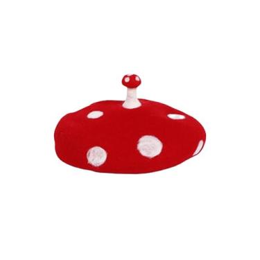 Imagem de Ioensy Chapéu de cogumelo bonés de cogumelo vintage pintor chapéu foto adereços quente para crianças natal engraçado artesanal novidade boina de lã, Cabeça 49 a 54cm