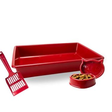 Imagem de Caixa de Areia Para Gatos Bandeja Sanitária Kit Completo Comedor Bebedor Pá Coletora Higiênica (Vermelho)