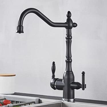Imagem de Torneira de cozinha com filtro dourado polido para beber água pura Torneira de cozinha montada no deck com alças duplas de 3 vias misturador de água quente e fria, preto fosco A