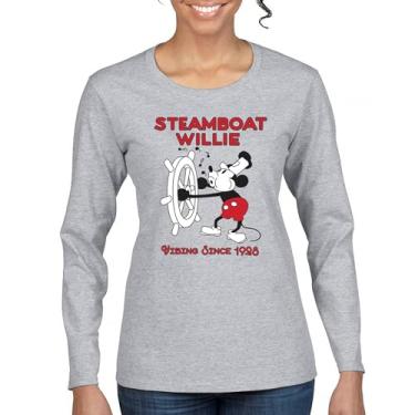 Imagem de Camiseta feminina Steamboat Willie Vibing Since 1928 manga longa icônica retrô desenho mouse atemporal clássico vintage Vibe, Cinza, XXG
