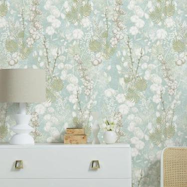 Imagem de Simon&Siff Papel de parede floral vintage Papel de parede removível 43 x 38 cm algodão verde botânico moderno fazenda papel de parede removível francês para quarto banheiro cozinha