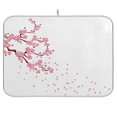 Imagem de ZzWwR Lindas flores de cerejeira rosa com pétalas, tapete absorvente de louça, 40,6 x 45,7 cm, protetor de mesa de bancada de cozinha, multiuso, suporte para pia e escorredor