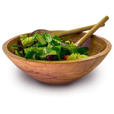 Imagem de Fairwood Way Conjunto de tigelas de salada de madeira com utensílios de servir – Tigela de salada de madeira de manga de 30 cm com tossers de salada – Colher de salada e garfo