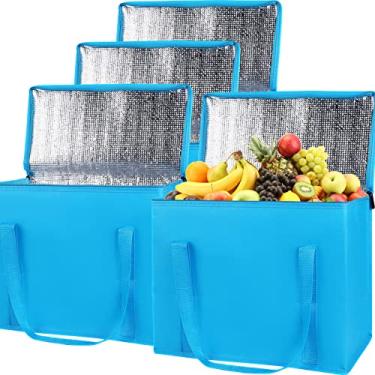 Imagem de Bolsa de compras isolada para entrega de alimentos com zíper na parte superior, bolsa térmica para compras, azul, pacote com 4, grande, dobrável