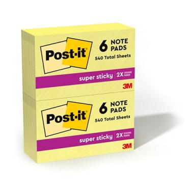 Imagem de Post-it Notas super adesivas, 12 blocos de notas adesivas, 7,6 x 12,7 cm, material escolar, produtos de escritório, notas adesivas para superfícies verticais, monitores, paredes e janelas, amarelo
