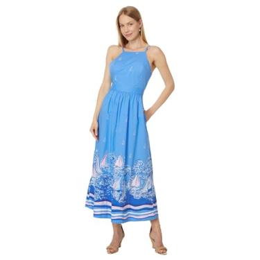 Imagem de Lilly Pulitzer Blusa feminina de algodão Charlese frente única Mi, Vestido de tecido azul lunar a Lil Nauti, 0