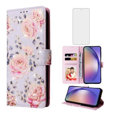 Imagem de Asuwish Capa de telefone para Samsung Galaxy A55 5G carteira celular com protetor de tela de vidro temperado porta-cartão de flor suporte suporte cordão alça de pulso bolsa A 55 55A A555G mulheres