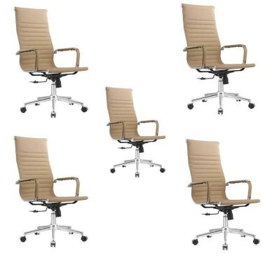 Imagem de Kit 5 Cadeiras Esteirinha Presidente Giratória Estofada com Rodízios Bege