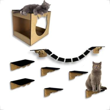 Imagem de Playground Para Gatos 8 Peças Mdf 6mm Kit Nicho Gato Orelha Prateleiras Ponte e Degraus - Seguro e Resistente