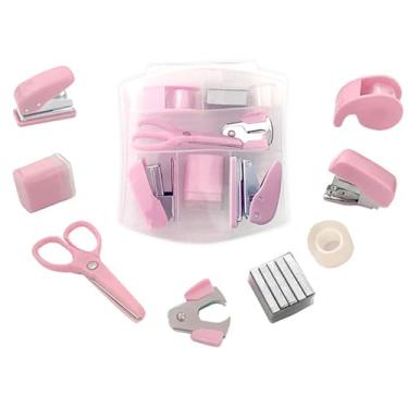 Imagem de Mini kits de material de escritório mini material escolar – Inclui mini grampeador, tesoura, removedor de grampo, grampos, dispensador de fita (rosa)