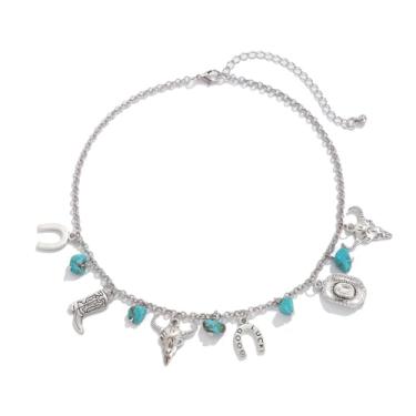 Imagem de ALRNBY Colar feminino com pingente de prata delicado com pingente turquesa moderno colar ocidental colar de boa sorte para mulheres cabeça de cabra chapéu ferradura bota pingente boho cowgirl joia