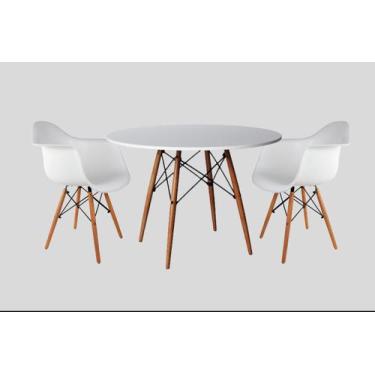 Imagem de Conjunto De Mesa 2 Poltronas Brancas Eames 90 Cm Base Madeira Tampo Br