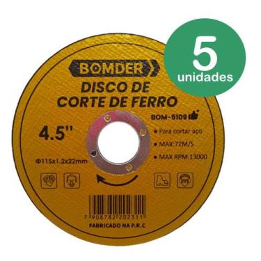 Imagem de Kit 5 Discos Corte Esmilhadeira 4,5" 115 mm Aço E Ferro BOM5109 - Bomd