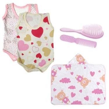 Imagem de Kit Bebê 5 Pçs Body Regata Toalha Capuz e Kit Pente e Escova - Koala B