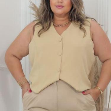Imagem de Colete Cropped Feminino de Alfaiataria Plus Size - Mclube, Bege, G1
