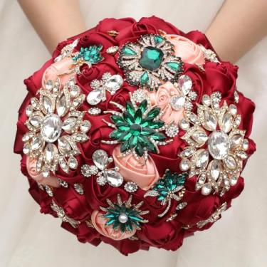 Imagem de SuiHyung 21 cm (8,3 polegadas) Buquê de flores artificiais vermelho vinho e rosa champanhe, luxuoso, strass, casamento, seda, rosa, buquê de noiva, dama de honra, simulação, flor de mão