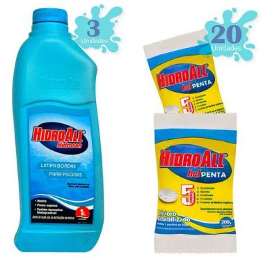 Imagem de 20 Pastilhas de Cloro HCL Penta 200gr + Limpa Bordas Hidroall 1L