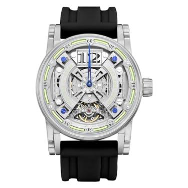 Imagem de FEICE Relógio mecânico automático esqueleto para homens, aço de titânio, 50 m, à prova d'água, relógio de pulso masculino luminoso, analógico, sem bateria, pulseira de silicone, FM501, Preto, roupa