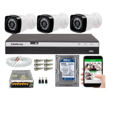 Imagem de Kit 3 Câmeras HD 720p + DVR Intelbras MHDX 3104 C/HD 250gb