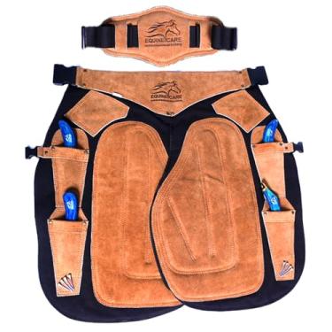 Imagem de Equine Care Avental Farrier – Couro e lona de camurça de vaca, cintura ajustável de 71 a 132 cm com suporte para as costas, bolsos para ferramentas e ímãs de unhas – 58,4 cm, 63,5 cm, 68,6 cm, 73,7 cm