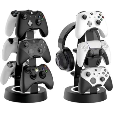 Imagem de Suporte universal de fone de ouvido de 3 níveis para mesa, suporte de controle de alumínio, organizador de armazenamento de mesa compatível com Xbox PS4 PS5 Switch PC acessórios para jogos (preto)