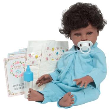 Imagem de Boneco Reborn Negro Cabelo Cacheado Com Pijama Azul Fofinho