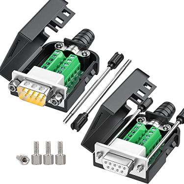 Imagem de JUXINICE 2 pacotes de adaptadores serial DB9 sem necessidade de solda. Adaptador D-SUB RS232 RS485 de 9 pinos para módulo de sinal de conector de terminal com parafusos porcas e chave de fenda (1 peça macho + 1 peça fêmea)