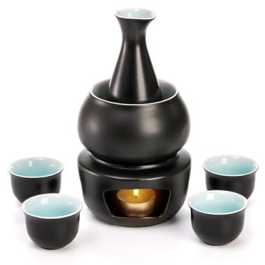 Imagem de Foraineam Ceramic Sake Set with Warmer, Japanese Style Porcelain Hot Saki Drink Warmer Set, 7 Pieces Set Including 1 Stove, 1 Warming Bowl, 1 Sake Bottle, 4 Sake CupsQQ