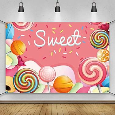 Imagem de AWERT Banner de poliéster 1,8 x 1,1 m Sweet Candyland cenário colorido pirulitos tema terra doces banner para chá de bebê sobremesa festa de aniversário decoração
