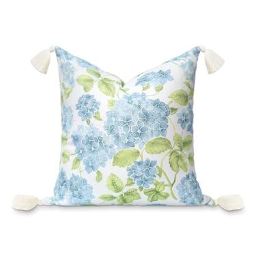 Imagem de Hofdeco Premium Capa de almofada para pátio costeiro interno e externo apenas, repelente de água de 45,72 cm x 45,72 cm para quintal, sofá, estampa verde azul bebê flor de hortênsia
