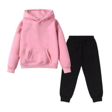 Imagem de Conjunto Moletom Blusa de frio com Capuz e Calça Flanelada Algodão Menino Menina Unissex Casaco Roupa de Inverno (Rosa Bebê/Preto, 5/6)