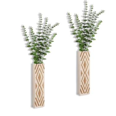 Imagem de PEEOHMGZ Vaso de parede para plantas de interior, pacote com 2 vasos geométricos pendurados, vaso de parede de madeira para decoração de plantas de flores artificiais, decoração de parede boho para