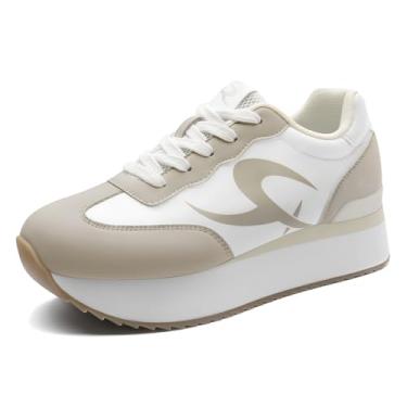 Imagem de Rihero Tênis feminino moderno plataforma casual com cadarço confortável antiderrapante tênis de corrida, Branco/Cinza, 38