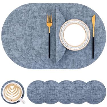 Imagem de Homaxy Jogo americano e porta-copos redondos de couro sintético, tapetes de mesa laváveis de dois lados, tapetes de jantar resistentes ao calor limpáveis para ambientes externos e internos, conjunto