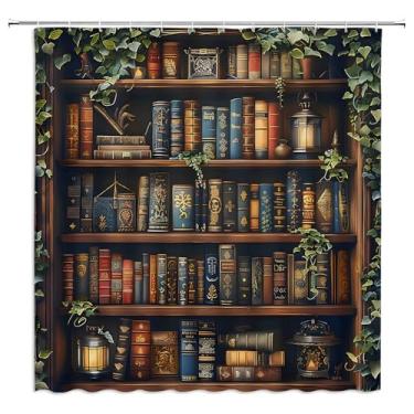 Imagem de Biblioteca, cortina de chuveiro, vintage, livros, estante antiga, retrô, estante mágica, educação, casa de leitura, folhas verdes, tábua de madeira, decoração de banheiro, cortinas de tecido de