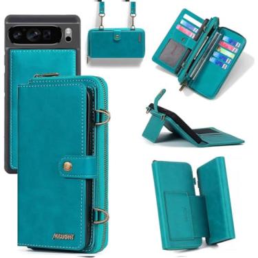 Imagem de Dibosom Capa carteira destacável 2 em 1 para Google Pixel 9 Pro XL com alça de pulso destacável, alça de ombro transversal, 9+ compartimentos para cartões, bolsa com zíper, capa de telefone com