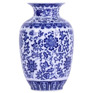 Imagem de Vasos de porcelana tradicionais de corpo fino azul e branco, vasos de cerâmica chinoiserie pintados à mão com design floral, vasos leves de parede fina para decoração de casa, mesa e prateleiras