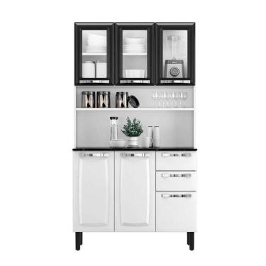 Imagem de Kit De Cozinha Compacta Branco E Preto Em Aço 6 Portas 3 Vidros 2 Gavetas Pratika