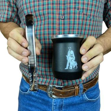 Imagem de Kit tereré cuia copo redondo 350ml alumínio parede dupla preto + bomba
