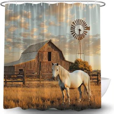 Imagem de Cortina de chuveiro de cavalo de fazenda ocidental animal de fazenda branco cavalo marrom madeira porta de celeiro cerca de moinho de vento grama rústica vintage tecido country cortina de banheiro
