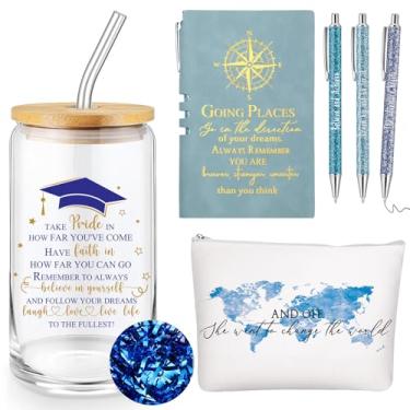 Imagem de Domensi Conjunto de 6 peças de presente de formatura incluído copo de vidro de 473 ml, bússola, bolsa de maquiagem, caneta esferográfica, presente de formatura inspirador para a turma de 2025,