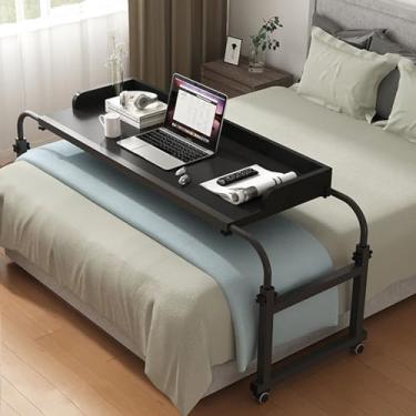 Imagem de Mesa de cama ajustável de 115 a 210 cm com rodas, mesas de cama sobrepostas, carrinho de armazenamento com rolamento, estação de trabalho em pé, altura de 65 a 95 cm, mesa de computador para casa e