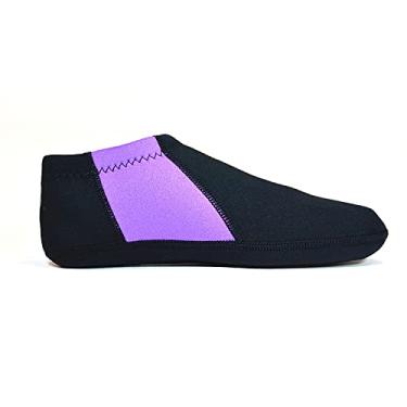 Imagem de Nufoot Sapatos masculinos Booties, calçados dobráveis e flexíveis, sapatos de viagem, meias de ioga, sapatos internos, chinelos, preto com listras roxas, médio