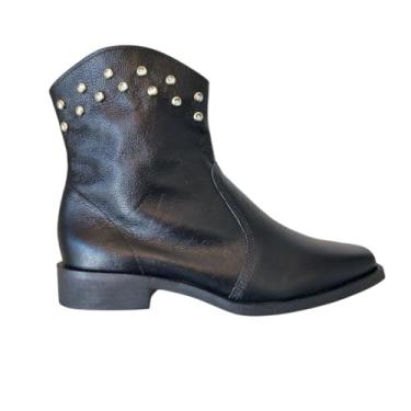 Imagem de QR Shoes, Bota Texana Couro Legítimo Preta Tachas Salto Baixo Cano Médio Cor:Preto;Tamanho:39