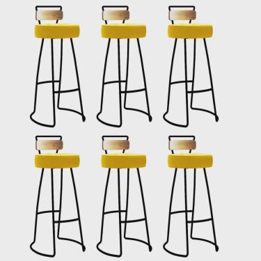 Imagem de Kit 06 Banqueta Alta Alice Bar Balcão Cozinha Com Encosto Madeira Ferro Preto Sintético Amarelo - Ahz Móveis